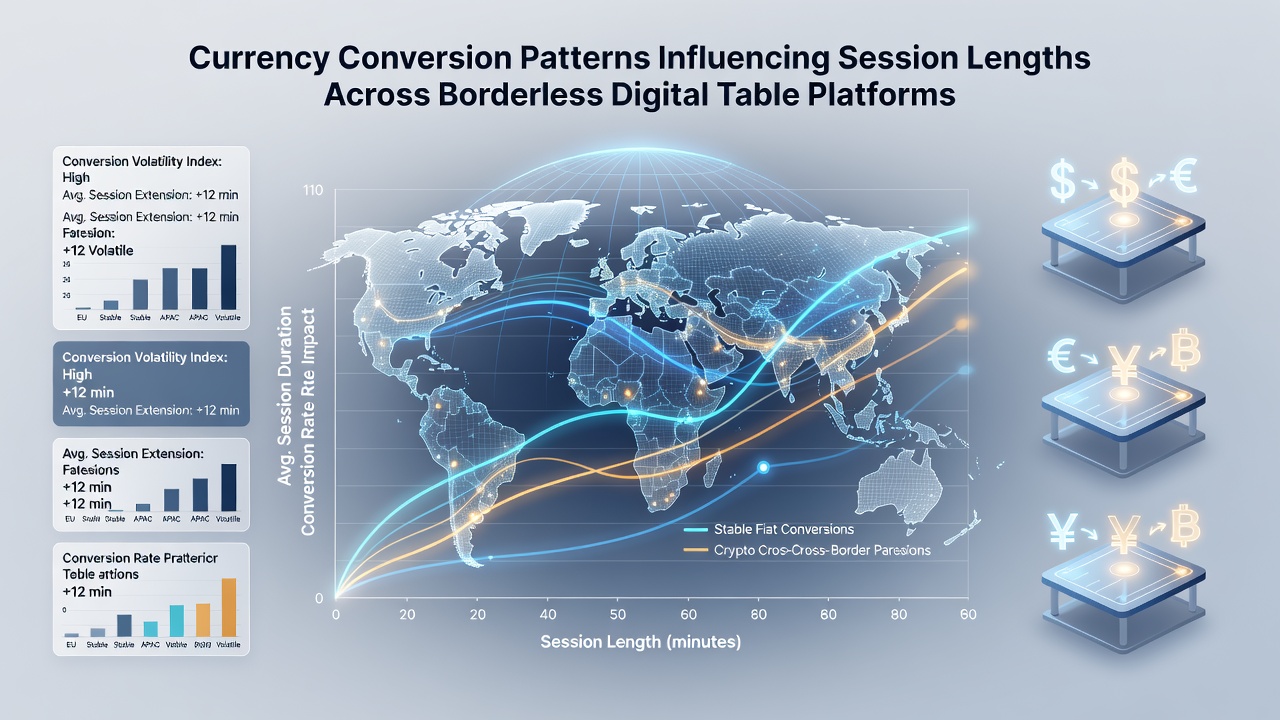 Analytics dashboard tracking session durations alongside currency fluctuation charts on digital gaming platforms