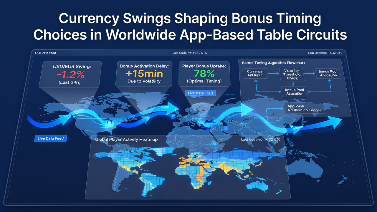 Global map overlay on a poker app screen highlighting currency fluctuation zones and player activity hotspots