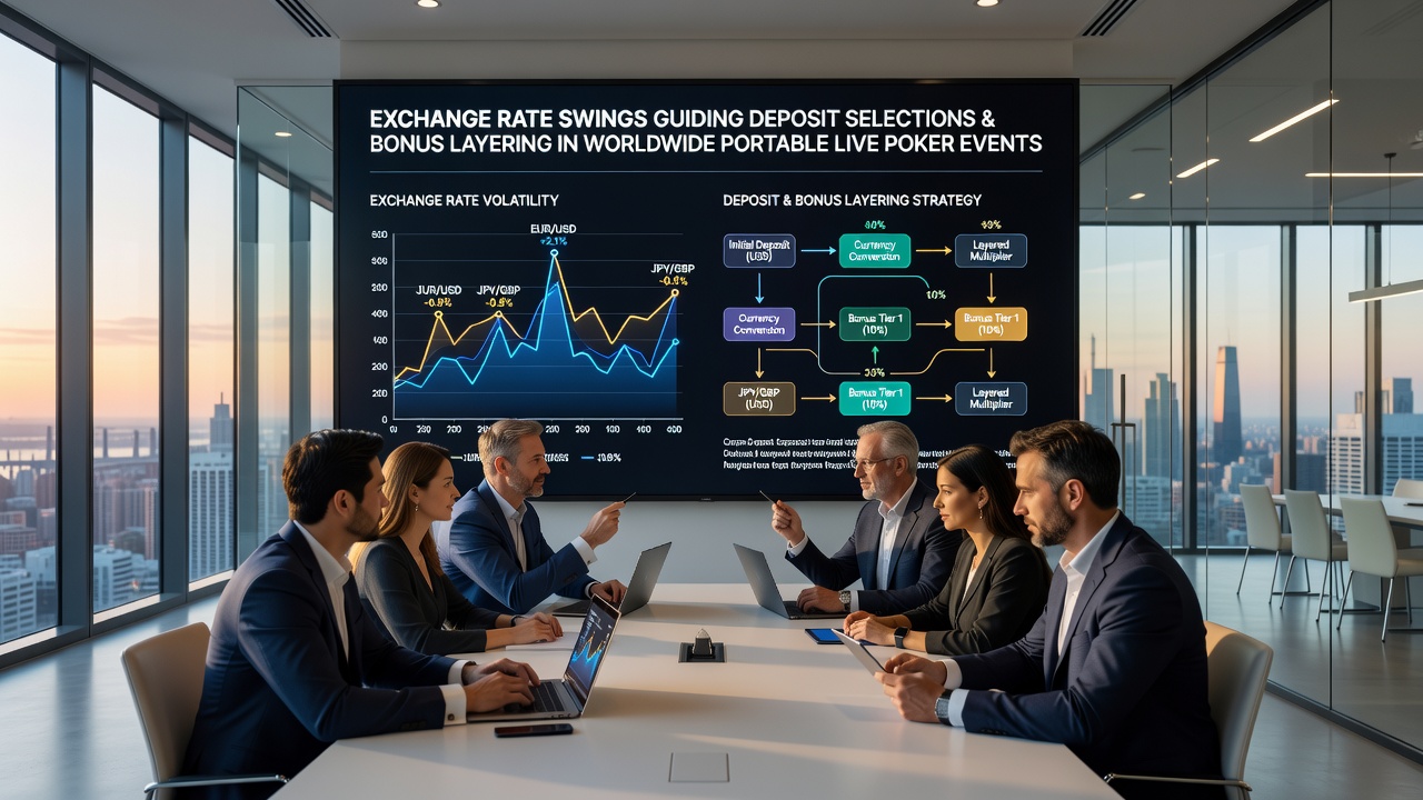 Global poker players reviewing currency conversion rates on mobile devices during international tournament registrations