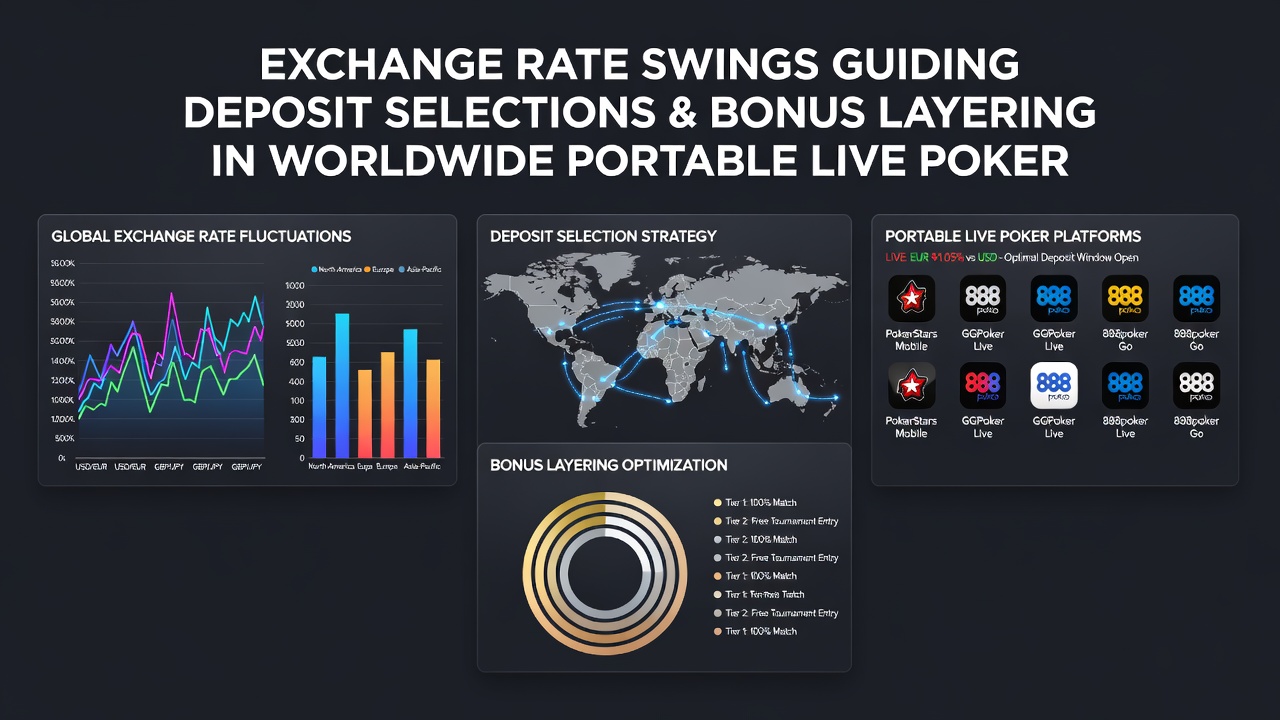 Mobile interface displaying layered poker bonuses alongside real-time currency exchange indicators