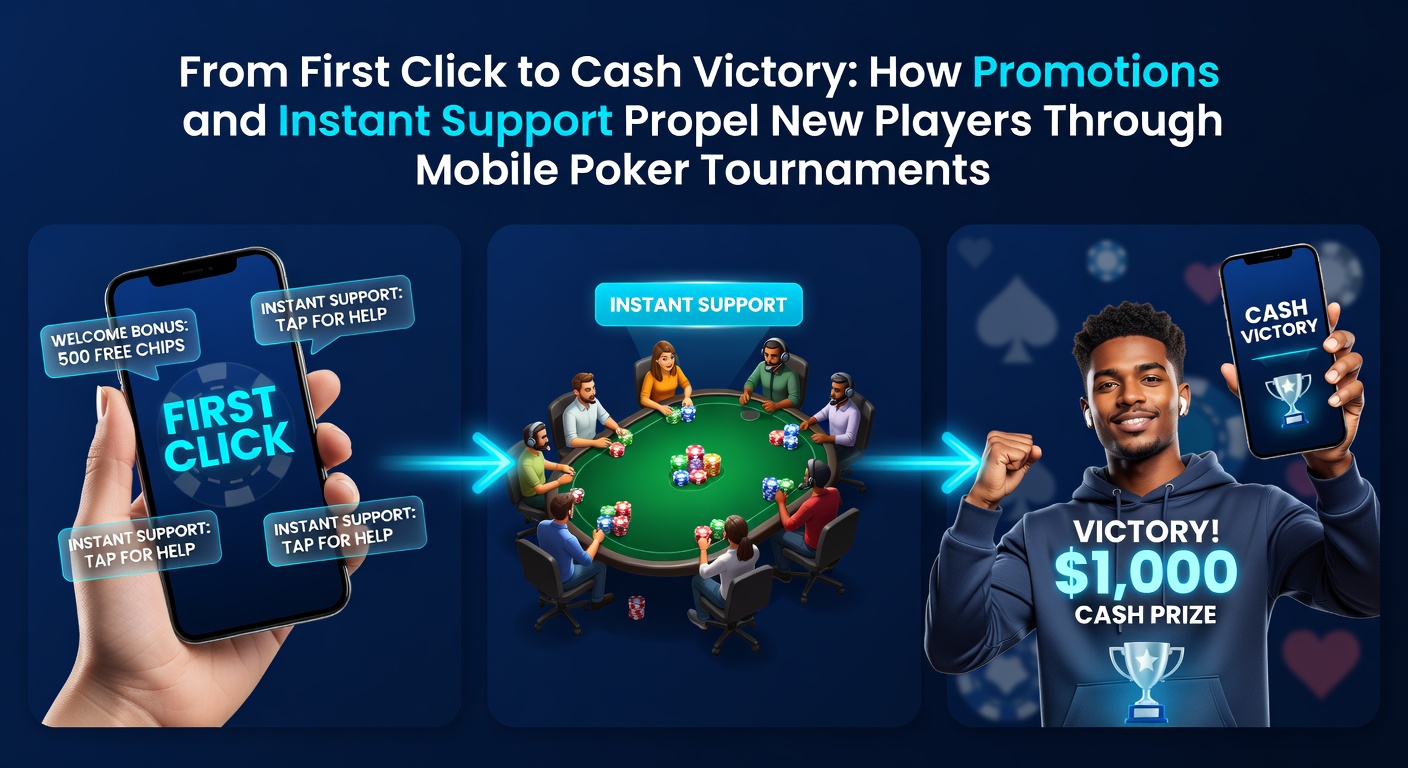 Smartphone screen displaying a new player's first click into a mobile poker app, highlighting registration prompts and flashing welcome promotion banners