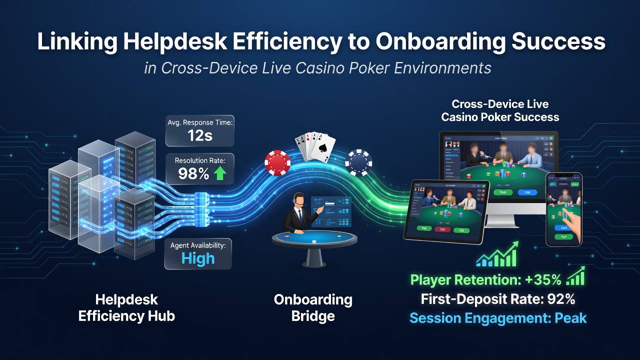 Cross-device live casino poker setup showing mobile tablet and desktop interfaces connected to a central support system
