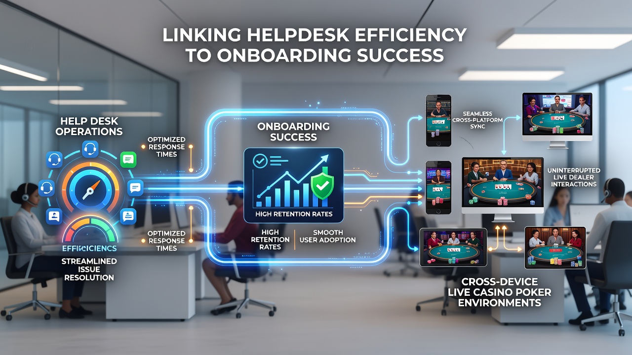 Helpdesk dashboard monitoring live poker support tickets across multiple device types during player onboarding