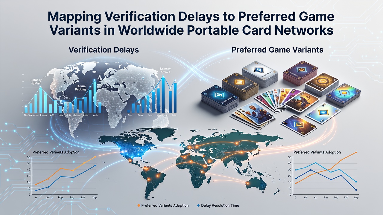 Global network diagram showing verification flows across portable card platforms and game variant selections