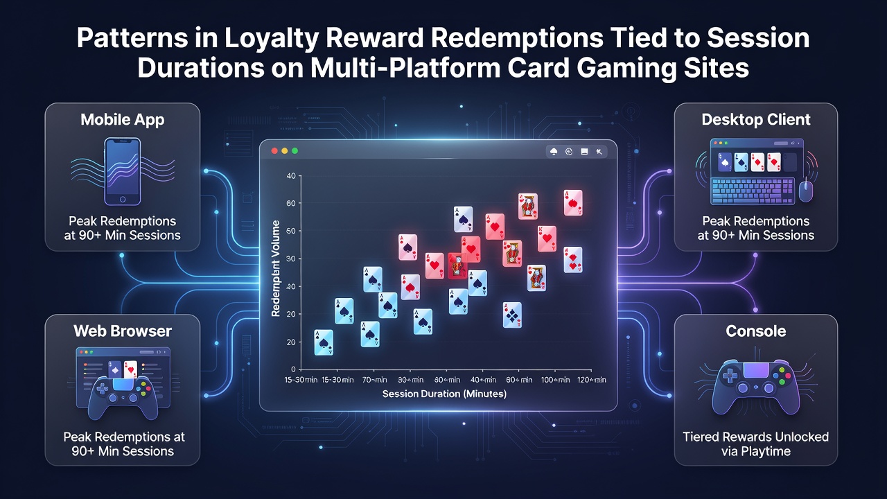 Data visualization showing loyalty reward redemption rates correlated with session lengths across desktop and mobile card gaming platforms