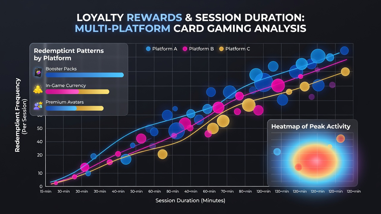 Charts displaying redemption frequency by session duration intervals on various card gaming platforms