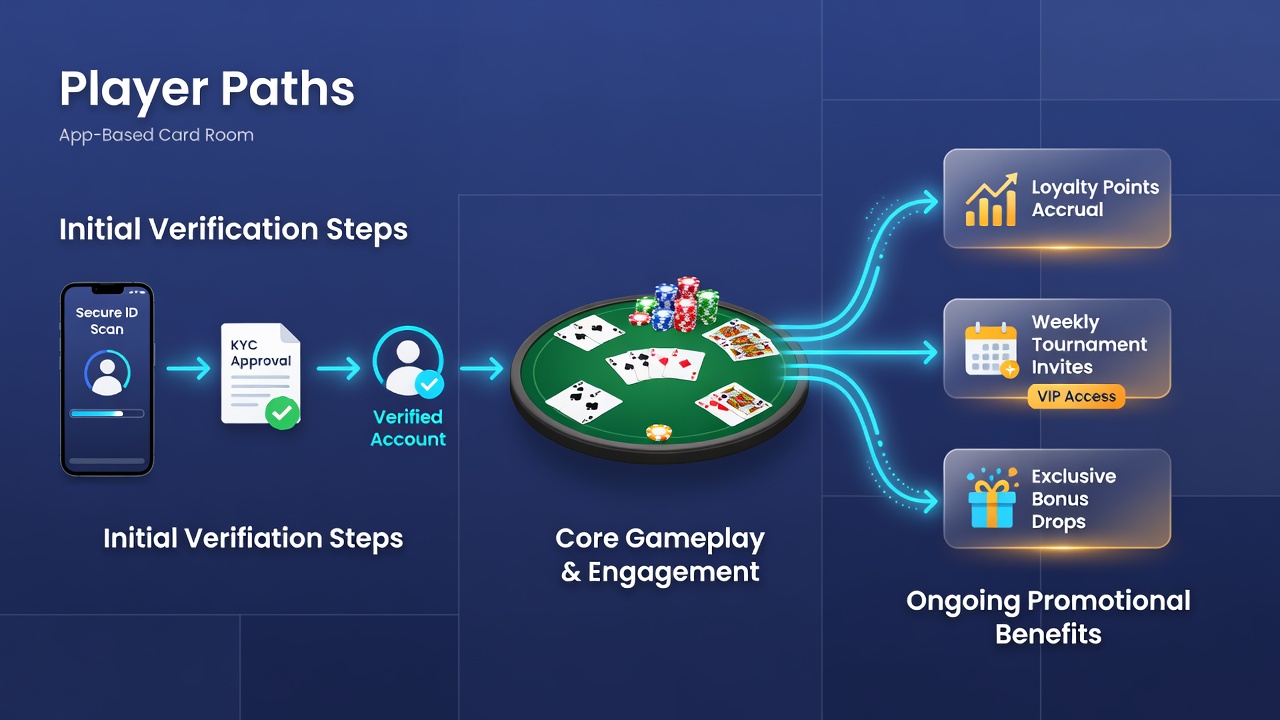Mobile app screenshot displaying ongoing loyalty rewards and promotional dashboard for card room players
