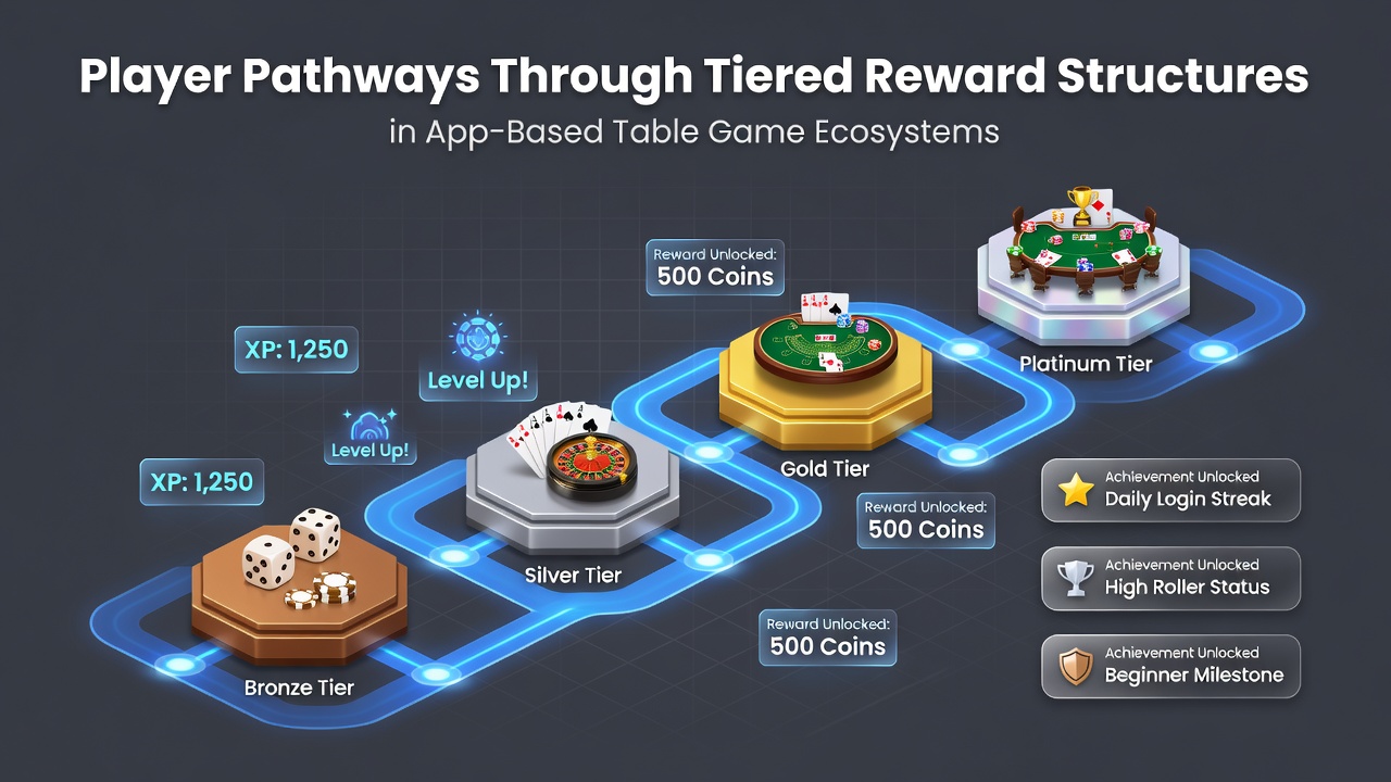 Players navigating tiered reward levels in mobile table game apps showing progression from entry to VIP status