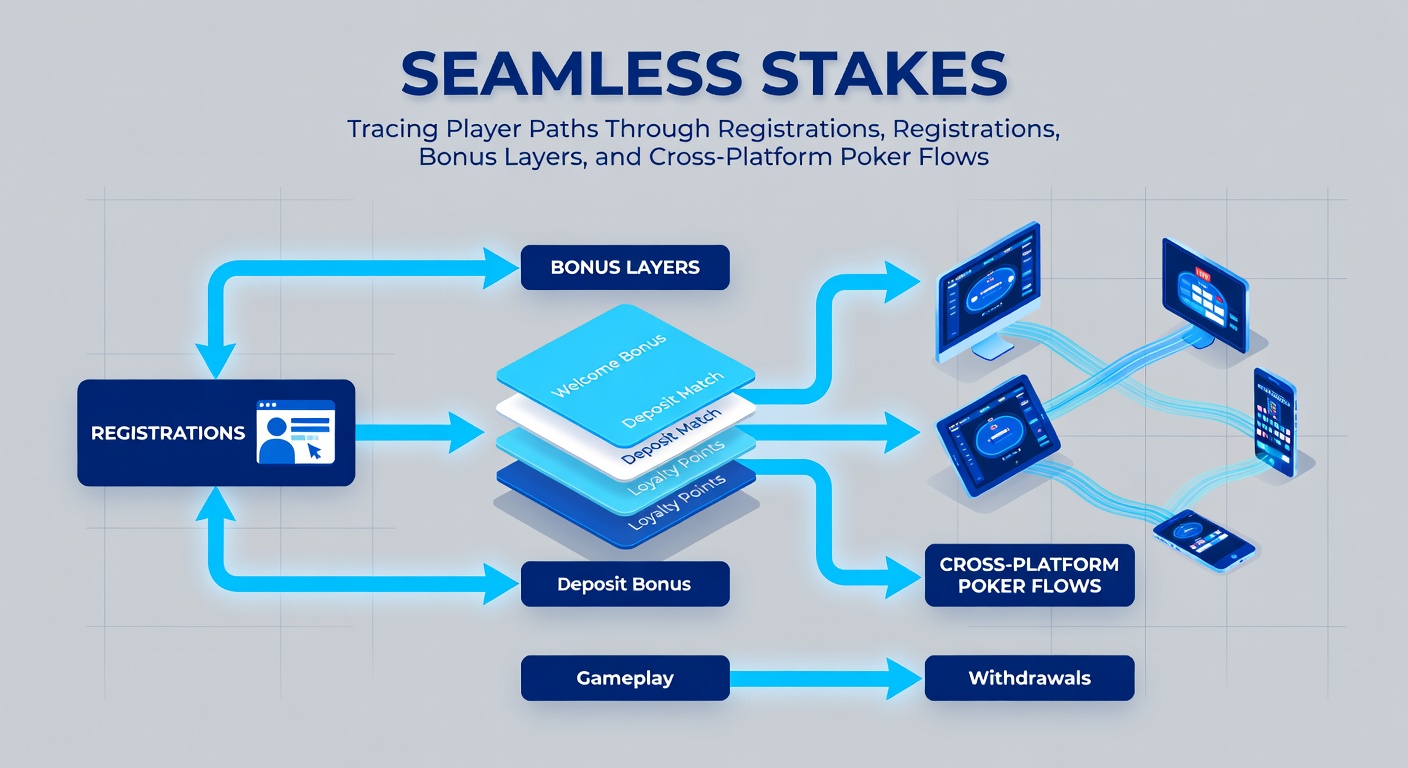 Digital flowchart showing a poker player's seamless journey from account registration through bonus activation to multi-device play across platforms