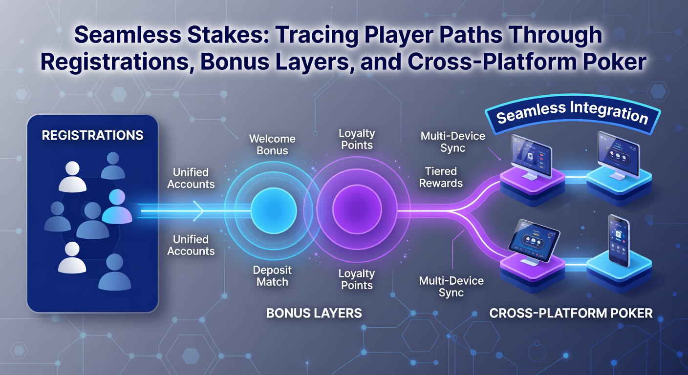 Screenshot of a poker app dashboard displaying synced bonus progress, cross-device session history, and active tournament entries