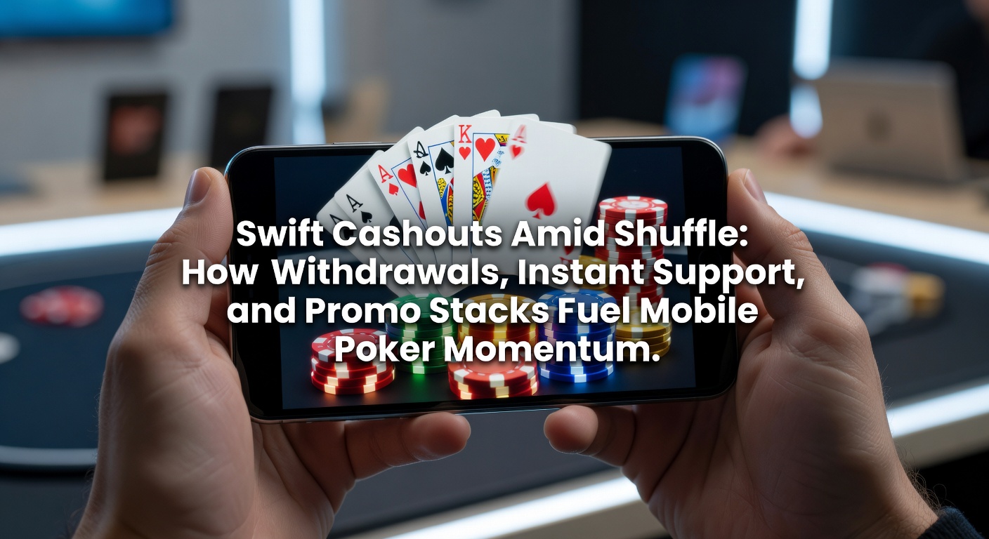 Mobile poker player checking cashout on smartphone amid dynamic card shuffle animation